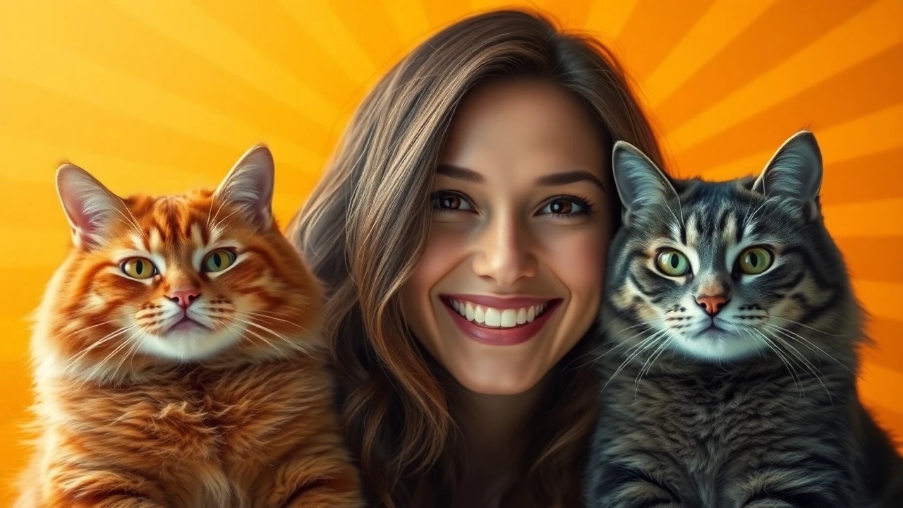 A woman smiles while posing next to two cats